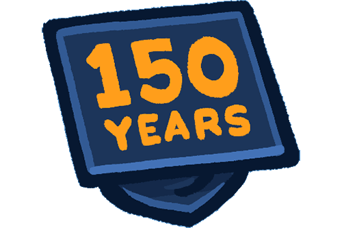 Illustration of a mortarboard with '150 years' written on it