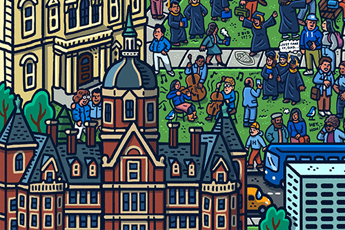 Crop of the Seek and Discover illustration that features the Billings Administration Building