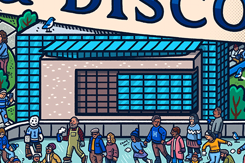 Crop of the Seek and Discover illustration that features the Hopkins Bloomberg Center