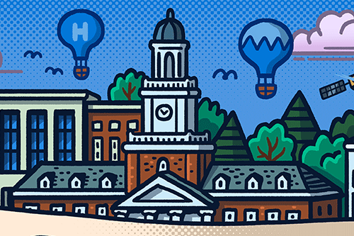 Crop of the Seek and Discover illustration that features Gilman Hall