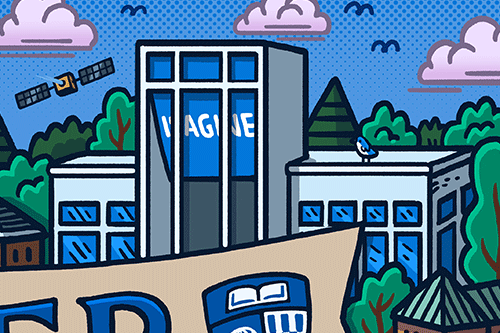 Crop of the Seek and Discover illustration that features the Imagine Center