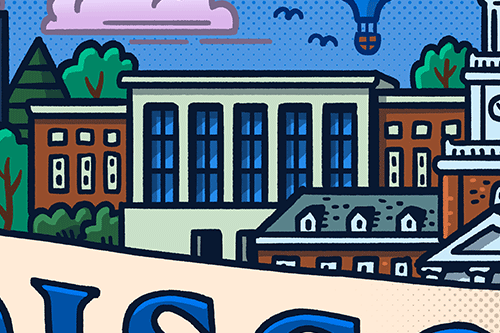 Crop of the Seek and Discover illustration that features the Milton S. Eisenhower Library