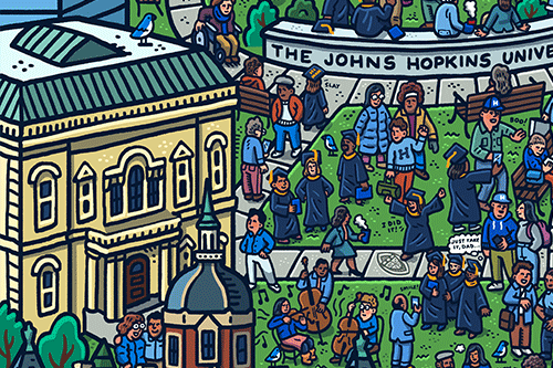 Crop of the Seek and Discover illustration that features the Peabody Institute building