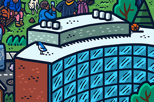 Crop of the Seek and Discover illustration that features the Undergraduate Teaching Labs building